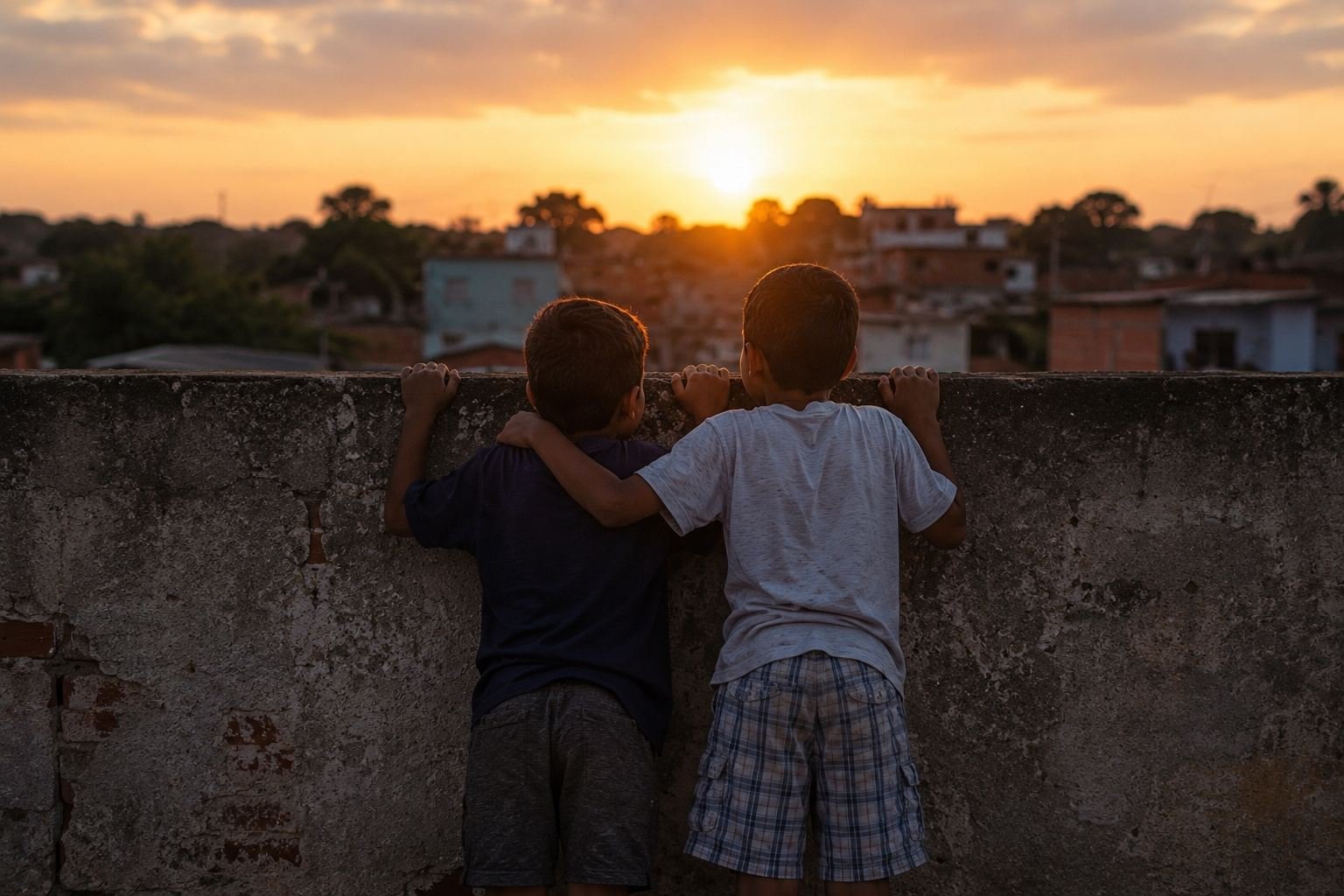 Duas crianças abraçadas observando o pôr do sol sobre a cidade